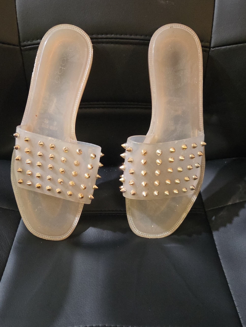 Clear Slide Sandals with Gold Stud Accents - Women's
